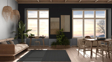 Country living room, eco interior design in gray tones, sustainable parquet, dining table with chairs, wooden shelves and bamboo ceiling. Natural recyclable architecture concept