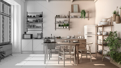 Architect interior designer concept: unfinished project that becomes real, eco country kitchen, sustainable parquet, dining table, bamboo ceiling. Natural recyclable architecture