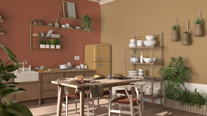 Country kitchen, eco interior design in orange tones, sustainable parquet floor, dining table, chairs, wooden shelves and potted plants. Natural recyclable architecture concept