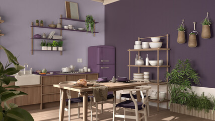 Country kitchen, eco interior design in violet tones, sustainable parquet floor, dining table, chairs, wooden shelves and potted plants. Natural recyclable architecture concept