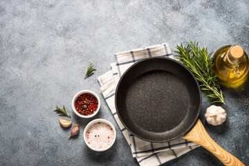 Food background with herbs and spices top view.