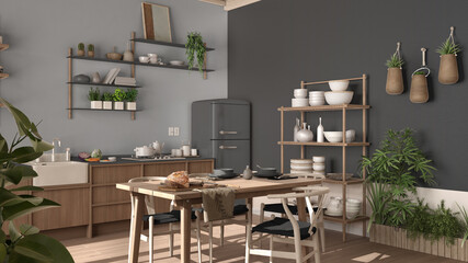 Fototapeta na wymiar Country kitchen, eco interior design in gray tones, sustainable parquet floor, dining table, chairs, wooden shelves and potted plants. Natural recyclable architecture concept