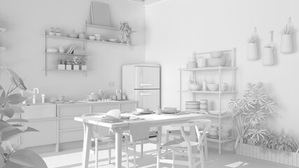 Total white project of country kitchen, eco interior design, sustainable parquet floor, dining table, chairs, wooden shelves, potted plants. Natural recyclable architecture concept