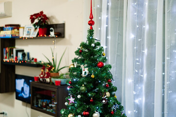 Closeup of a Christmas tree in a living room interior.