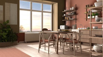 Country kitchen, eco interior design in orange tones, sustainable parquet floor, dining table, chairs, wooden shelves and potted plants. Natural recyclable architecture concept
