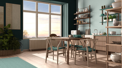 Country kitchen, eco interior design in turquoise tones, sustainable parquet floor, dining table, chairs, wooden shelves and potted plants. Natural recyclable architecture concept