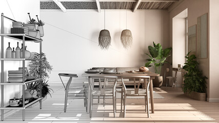 Architect interior designer concept: unfinished project that becomes real, eco country living room, sustainable parquet, dining table, bamboo ceiling. Recyclable architecture concept