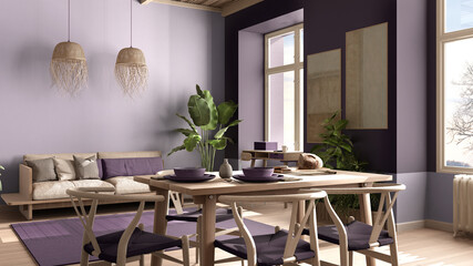 Country living room, eco interior design in violet tones, sustainable parquet, dining table with chairs, potted plants and bamboo ceiling. Natural recyclable architecture concept