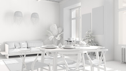 Total white project of country living room, eco interior design, sustainable parquet, dining table, chairs, potted plants and bamboo ceiling. Natural recyclable architecture concept