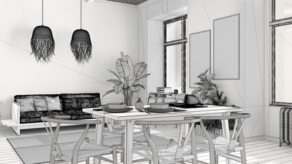 Unfinished project, country living room, eco interior design, sustainable parquet, dining table, chairs, potted plants, bamboo ceiling. Natural recyclable architecture concept