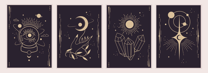 Set of magic and astrological symbols. Mystical signs, silhouettes, zodiac signs, tarot cards. Vector illustration. Witchcraft art. Stickers, banner, decorations. Esoteric aesthetics. Hand drawn.