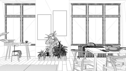 Blueprint project draft, country living room, eco interior design, sustainable parquet, dining table, chairs, potted plants, bamboo ceiling. Natural recyclable architecture concept