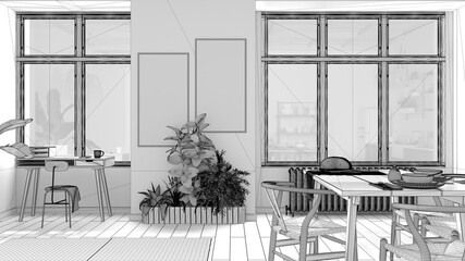 Unfinished project, country living room, eco interior design, sustainable parquet, dining table, chairs, potted plants, bamboo ceiling. Natural recyclable architecture concept