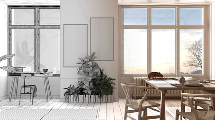 Architect interior designer concept: unfinished project that becomes real, eco country living room, sustainable parquet, dining table, bamboo ceiling. Recyclable architecture concept