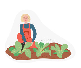 Fototapeta na wymiar Organic production. Woman grows greens isolated on white background. Process of local growing in modern style. Organic healthy food. Perfect for poster, website, brochure. Flat Vector Illustration
