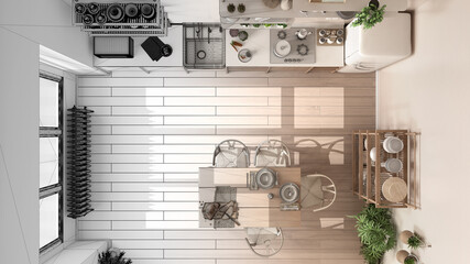 Architect interior designer concept: unfinished project that becomes real, country kitchen, eco sustainable parquet. Top view, plan, above. Natural recyclable architecture concept