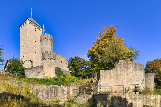 Old historic hill castle called 'Starkenburg' in Odenwald forest in Heppenheim city in Germany
