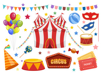 Circus elements clipart vector design illustration. Circus set. Vector Clipart Print
