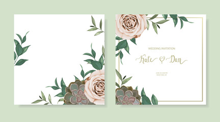Set of floral card with herbal leaves, cactus and garden roses. Greenery frame.  For wedding, birthday, party, save the date. Vector illustration. © natikka