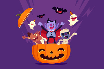 halloween monsters come out of carved pumpkin