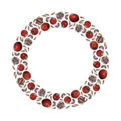 Round frame of red tomatoes and garlic cloves and bulbs, isolated on white. Watercolour illustration. For cards, invitations, recipe, menu, cookbook and packaging design.