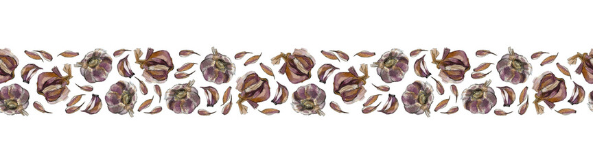 Seamless border of garlic cloves and bulbs, isolated on white. Watercolour illustration. For duct tape, textile, recipe, menu, cookbook and packaging design.