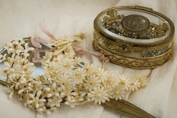 Two Antique Wedding Wreaths With The Golden Jewel Case Still Life In The Vintage Mood And Style