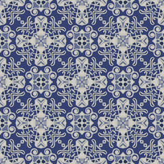 Trendy bright color abstract geometric mandala seamless pattern in gray blue for decoration, paper, tiles, textiles, carpet, pillows. Home decor, interior design, cloth design.