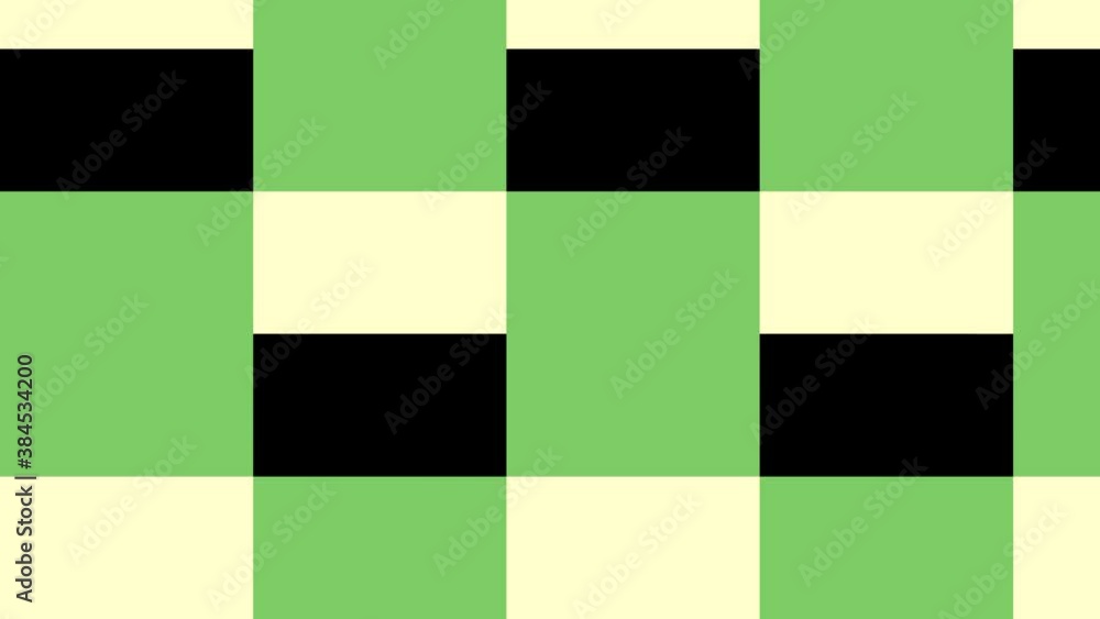 Poster moving into and out of green grid tartan style 8-bit retro background