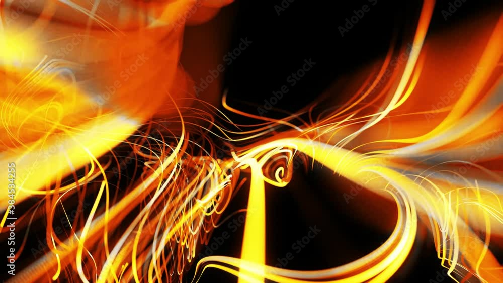 Poster flow of particles forms curled yellow lines like glow light trails, lines form swirling pattern like