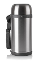 Metallic thermos isolated on white background