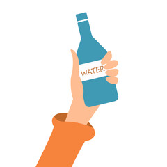 Drink plenty of water. Hand holding a bottle of water. Cute illustration in a flat style.