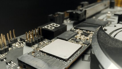 Motherboard close up photo with transistors