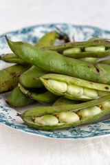 raw broadbeans on a white and green plate on a white backdrop horizontal