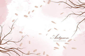  Autumn with dry branches and leaf pink watercolor background.