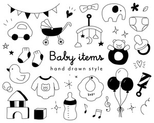 Poster かわいい赤ちゃんアイテムの手描きイラストのセット ベビー おもちゃ こども グッズ 子育て 新生児 Yugoro