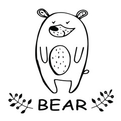 coloring pictures with a Bear and the word bear, drawn contours isolated on a white background, educational resource, kindergarten and Junior school