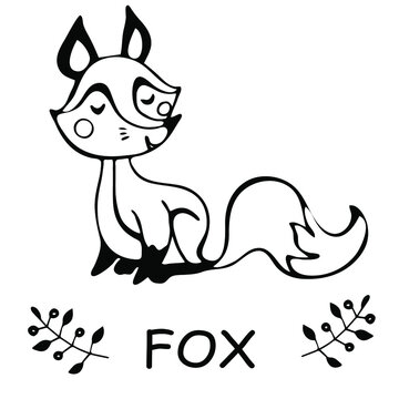 coloring pictures with a Fox and the word Fox, drawn contours isolated on a white background, educational resource, kindergarten and Junior school