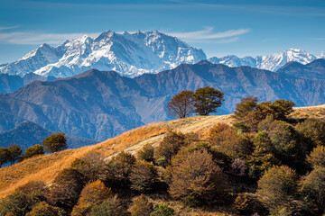 Monte Rosa peak, seen from Mottarone mountain (Piedmont, Northern Italy). it is the largest mountain massif in the European Alps, the second highest after Mont Blanc. Color image.