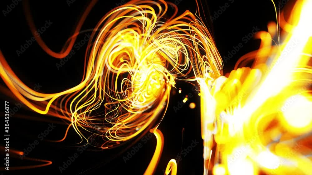 Aufkleber flow of particles forms curled yellow lines like glow light trails or streaks, lines form swirling p