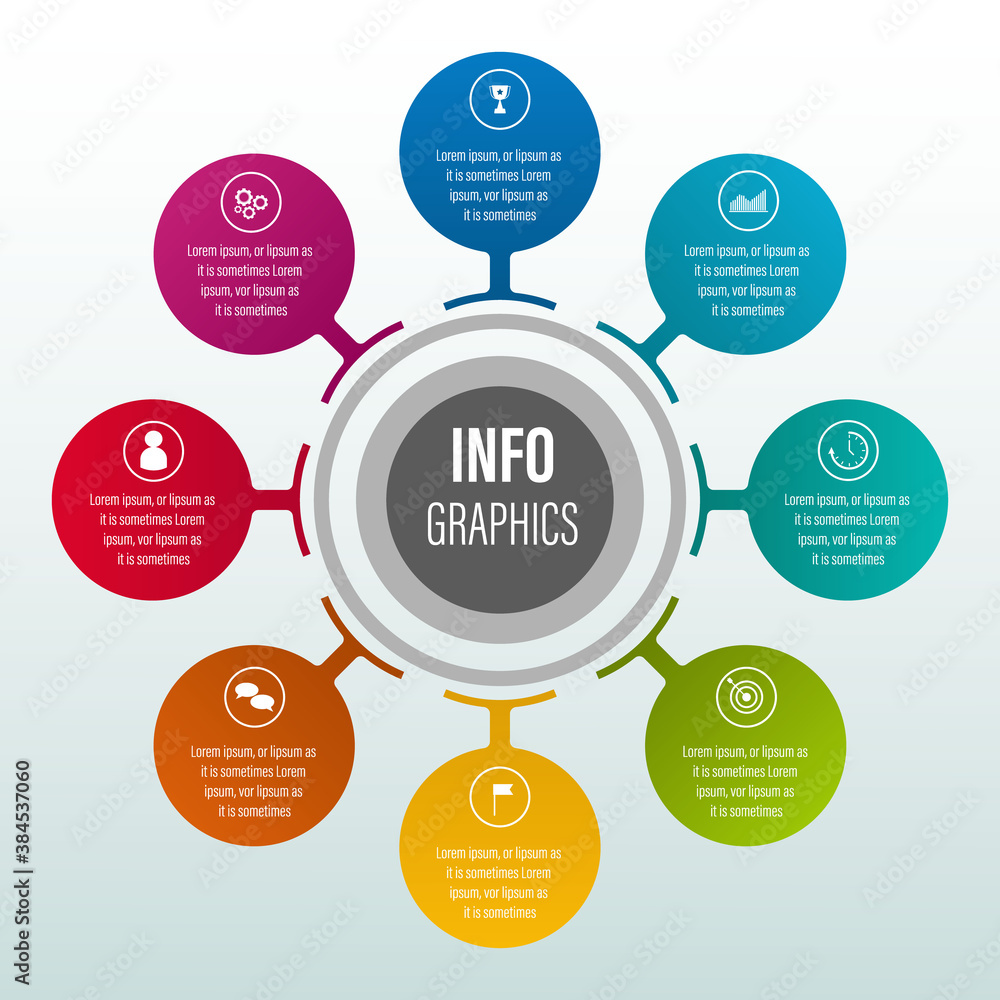 Poster colorful infographic steps in circle shape with icons and 8 options text box template