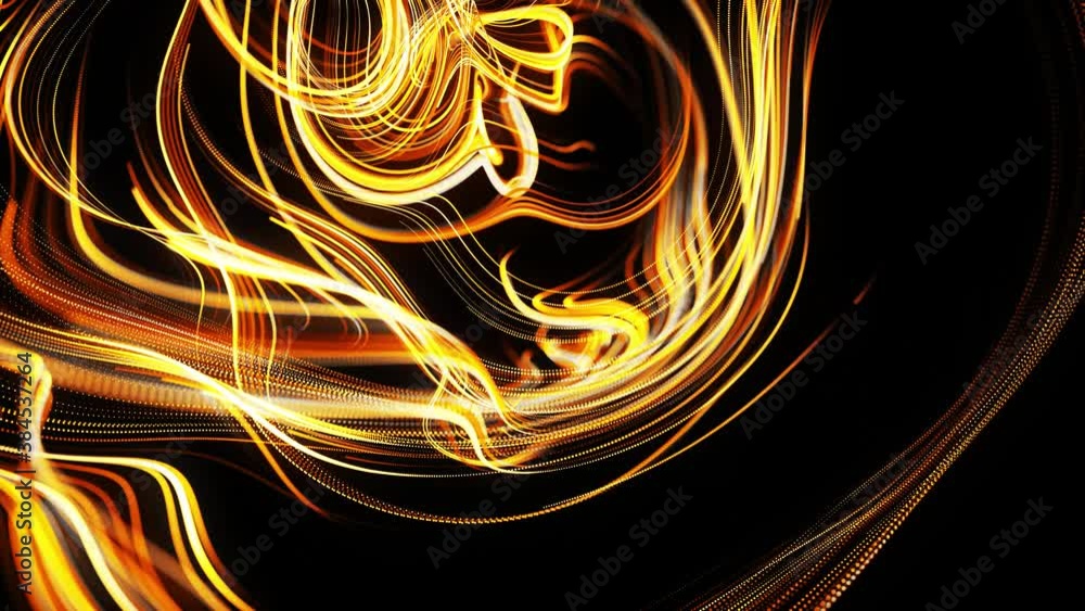 Poster flow of particles forms curled yellow lines like glow light trails or streaks, lines form swirling p