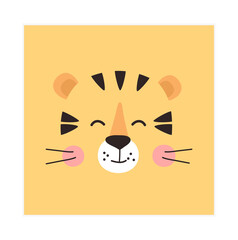 Trendy cute TIger. Funny animal face. Perfect for textiles, prints, posters and more. Isolated and grouped. Colorful Cartoon Flat Vector Illustration