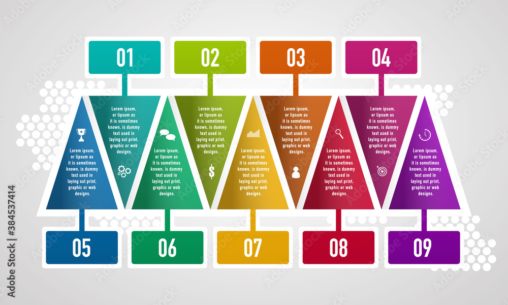 Aufkleber infographics design vector and business icons with 9 options in triangle shape.