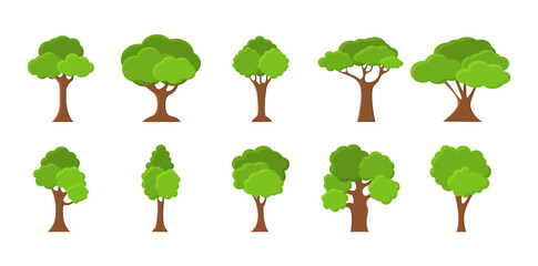 Set of trees in flat style. Nature and organic trees. Green planet icons.
