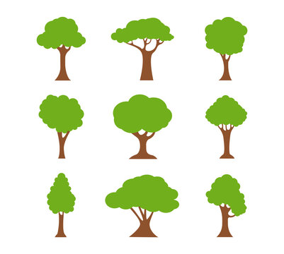 Collection trees in flat style. Nature icons. Green planet sign.