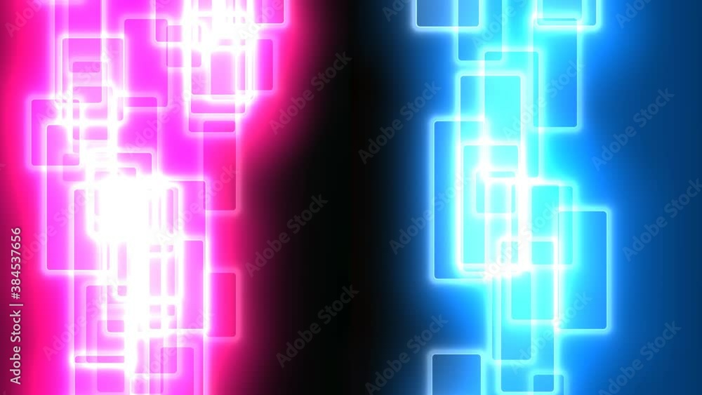 Poster rushing pink and blue data streams boxes passing opposite directions comms tech