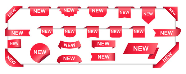 New labels set. Collection red new stickers. Badges and ribbon banners.