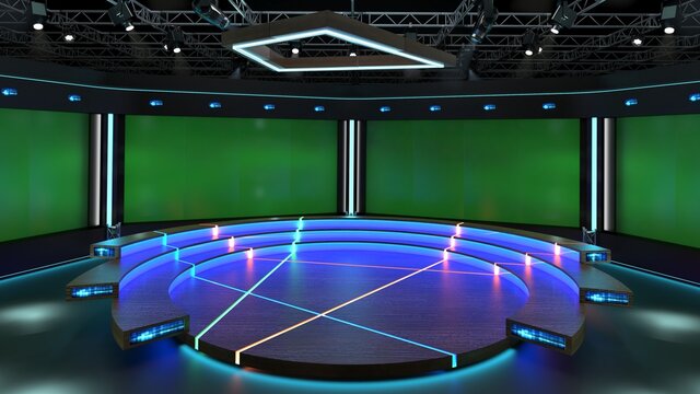 3d virtual news studio green screen background. 3d Rendering.
With a simple setup, a few square feet of space, and Virtual Set, you can transform any location into a spectacular virtual set.
