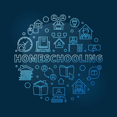 Fototapeta na wymiar Vector Homeschooling concept round blue linear illustration or banner on dark background